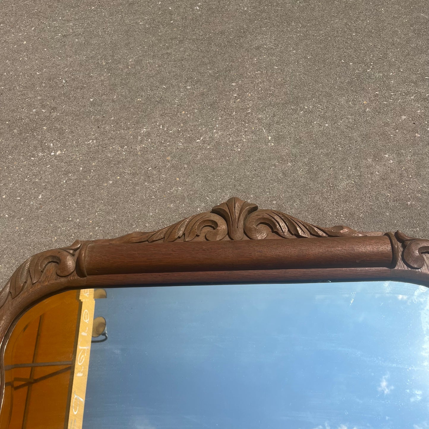 Ornate Tiger Oak Antique Mirror w/ Beveled Glass