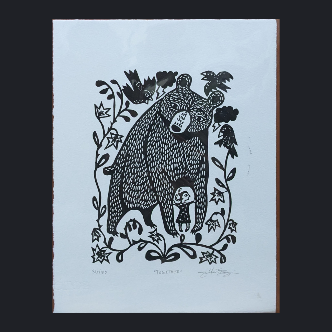 lino cut bear sheltering little girl surrounded by vines and crows