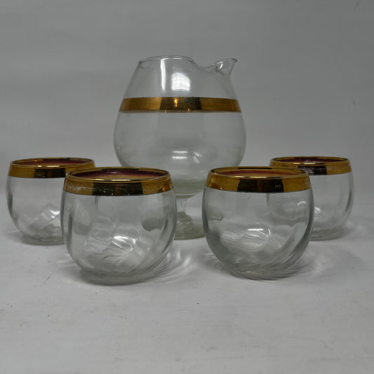 Glass Pitcher & 4 Glasses, gold ringed