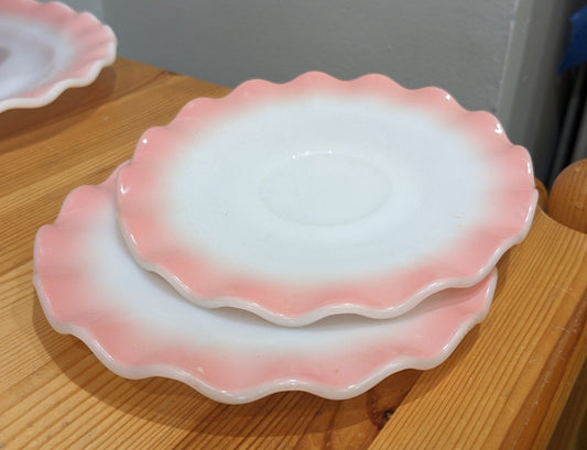 Hazel Atlas dishware, milk glass with crinoline pink rippled edge.