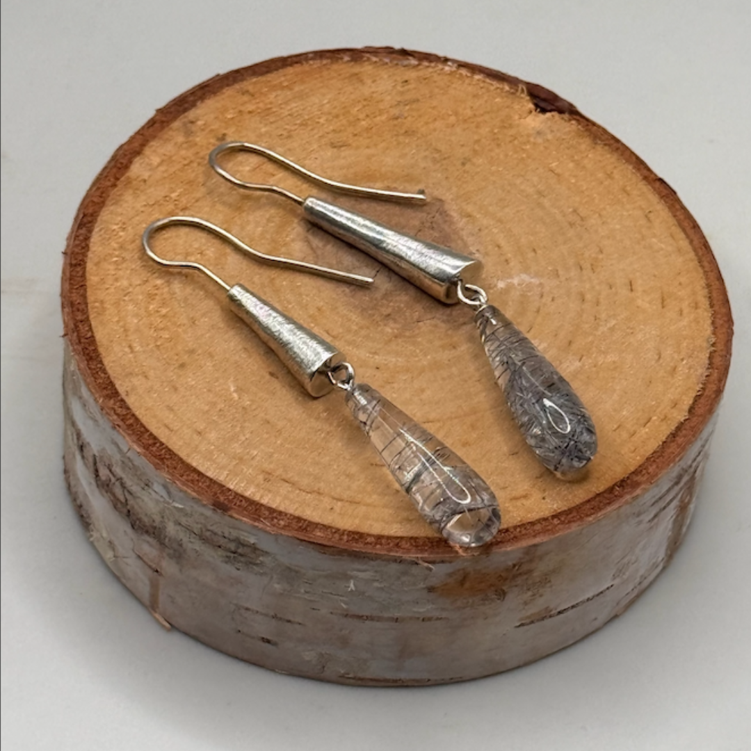 Sarah Wolfenden: Earrings of Rutilated Quartz with Silver chunks