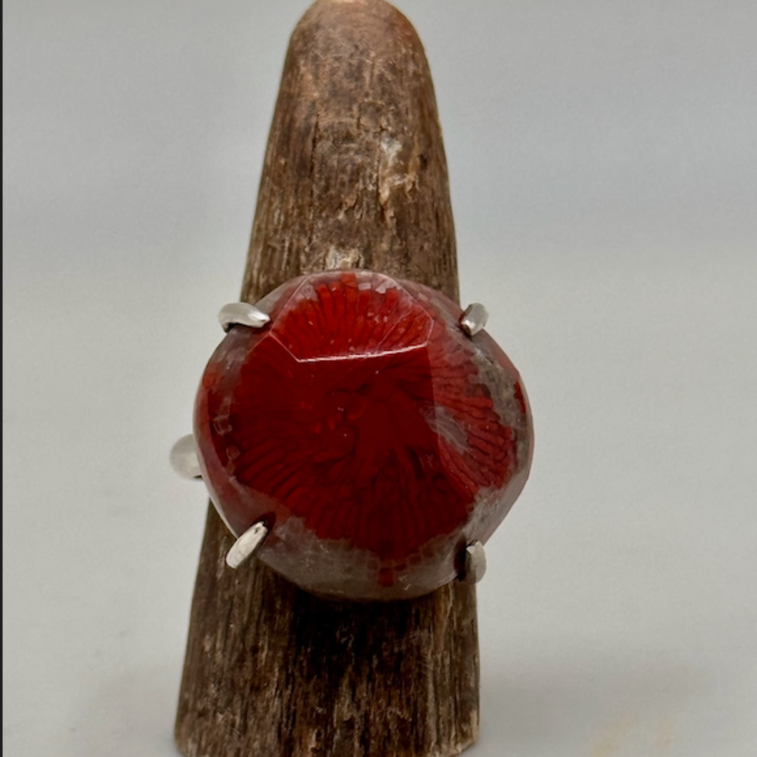 Sarah Wolfenden: Ring with faceted Coral and Sterling