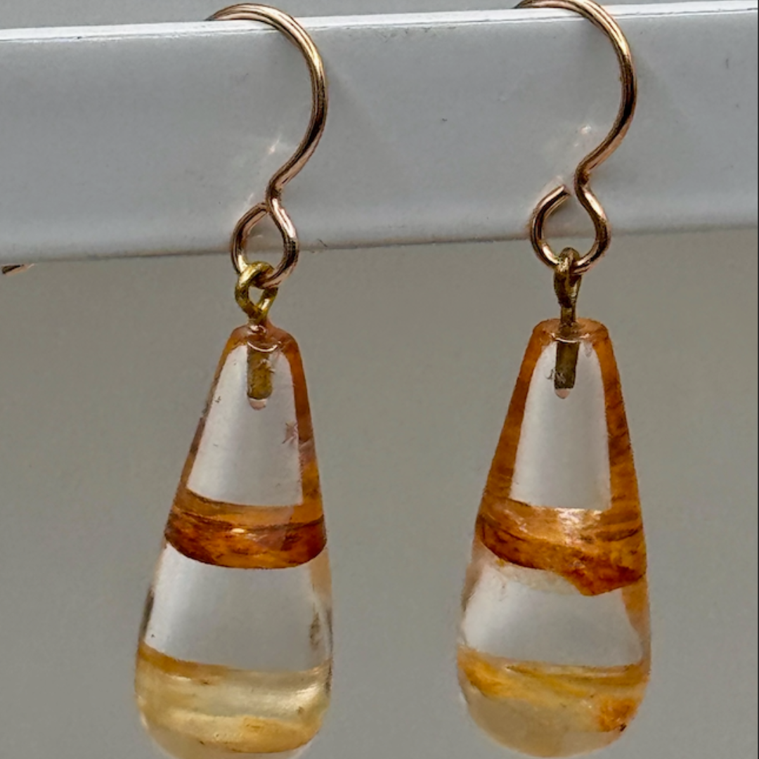 Sarah Wolfenden: Earrings of Rutilated Quartz with bronze wires