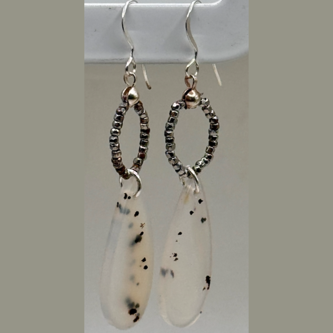 Sarah Wolfenden: Earrings of Montana Agate with Steel beads