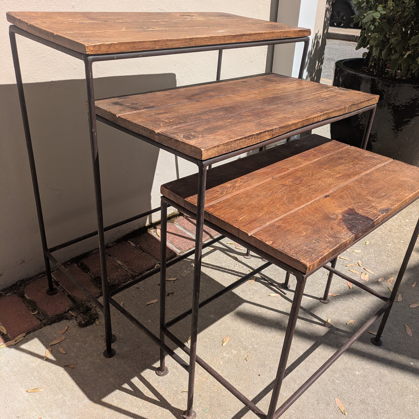 1990s Industrial Wood and Iron Nesting Tables Set of Three