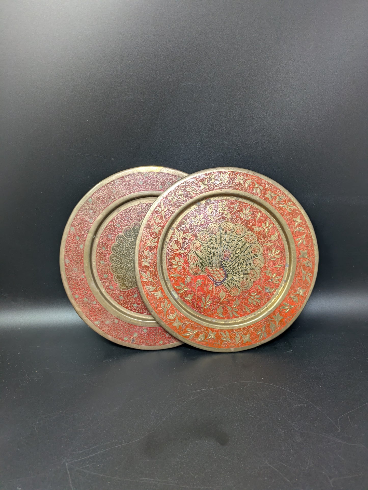 Set of Two Vintage Brass Peacock Plates