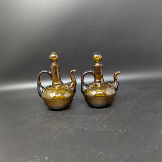 Set of Two Amber Glass Cruet Bottle