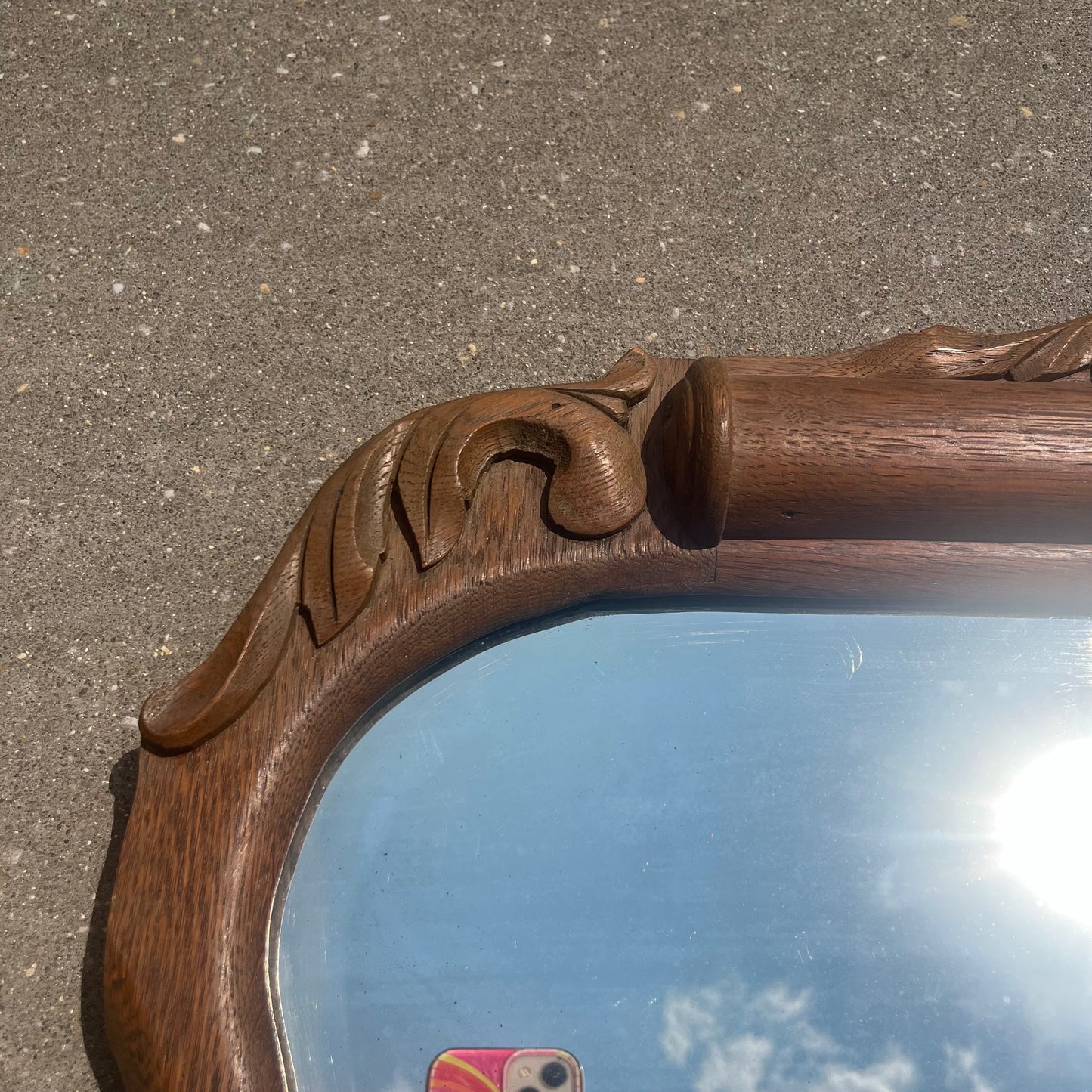 Ornate Tiger Oak Antique Mirror w/ Beveled Glass