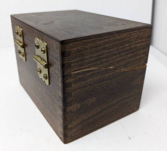 Dark wood box, brass hinges, tongue and groove joinery