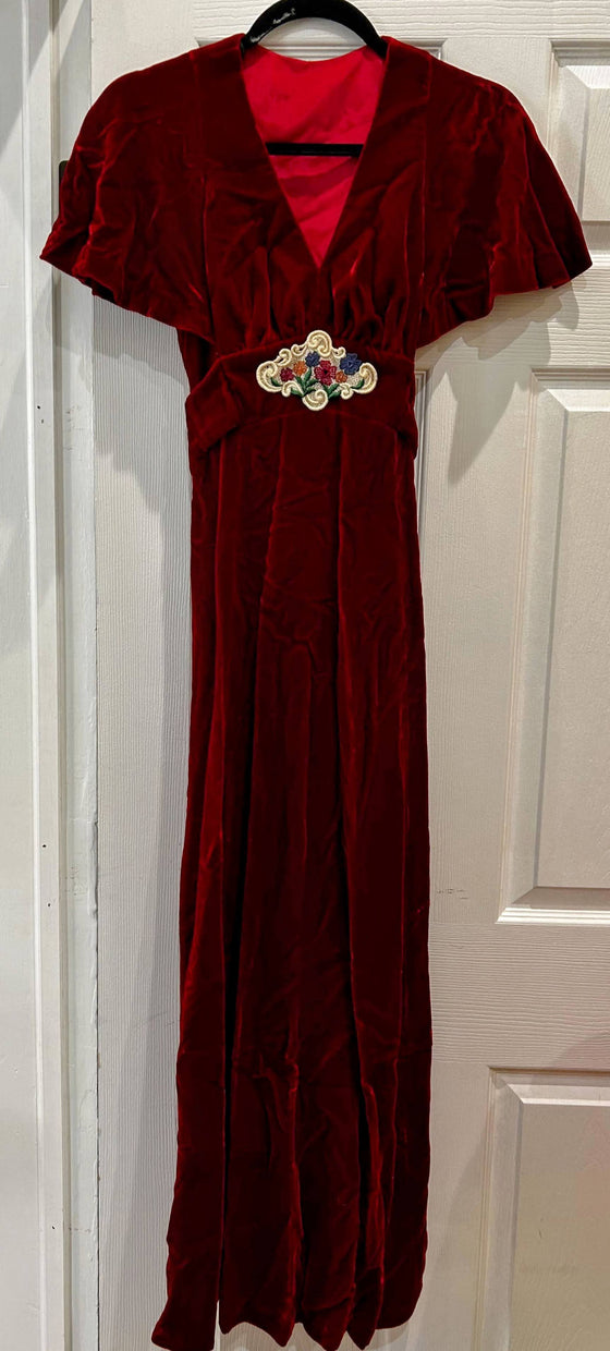 Red velvet dress with floral woven waist detail, ties in back