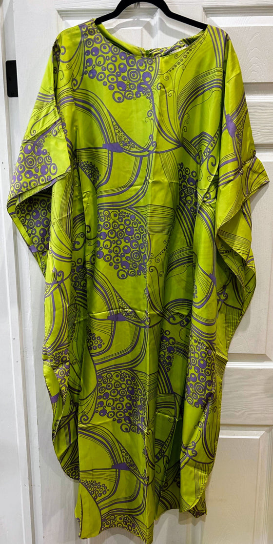 Silky lime green caftan/muumuu with whimsical purple spiral patterning Caftan