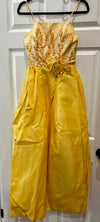 Spaghetti strap gown with yellow skirt (including fabric rose fixed at center waist) and golden torso (with floral embroidery detail)