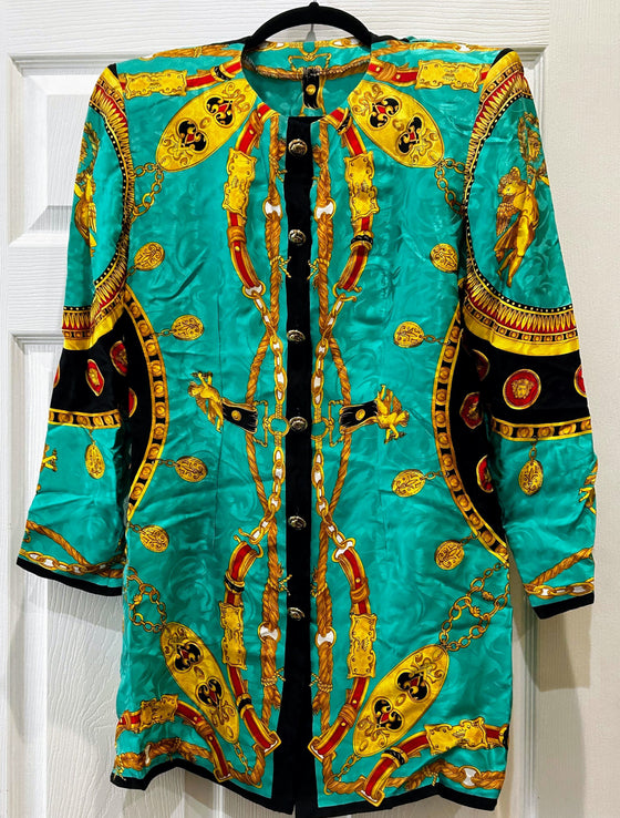Versace-style tunic/cardigan, turquoise with gold, black and red Asian-style designs