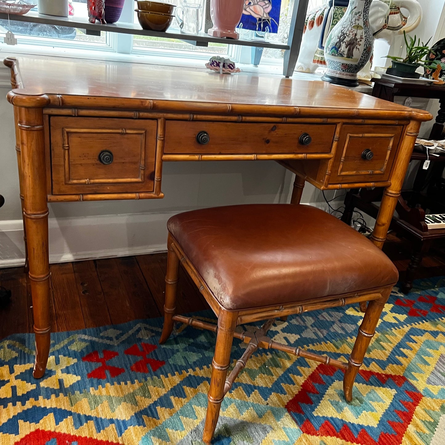 Ethan Allen Pine “Bamboo” Vanity w/ Stool