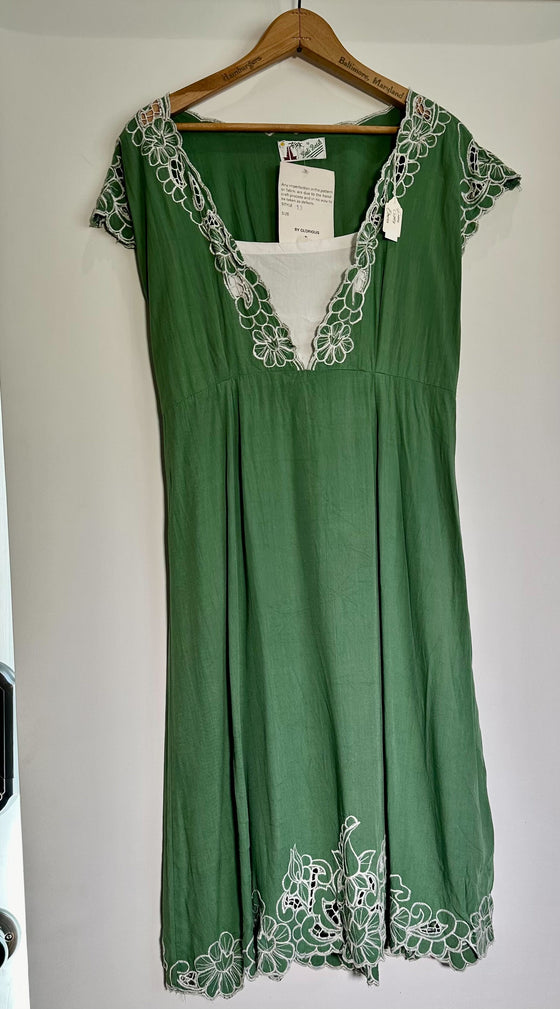 Green cotton cutwork with white embroidery casual dress
