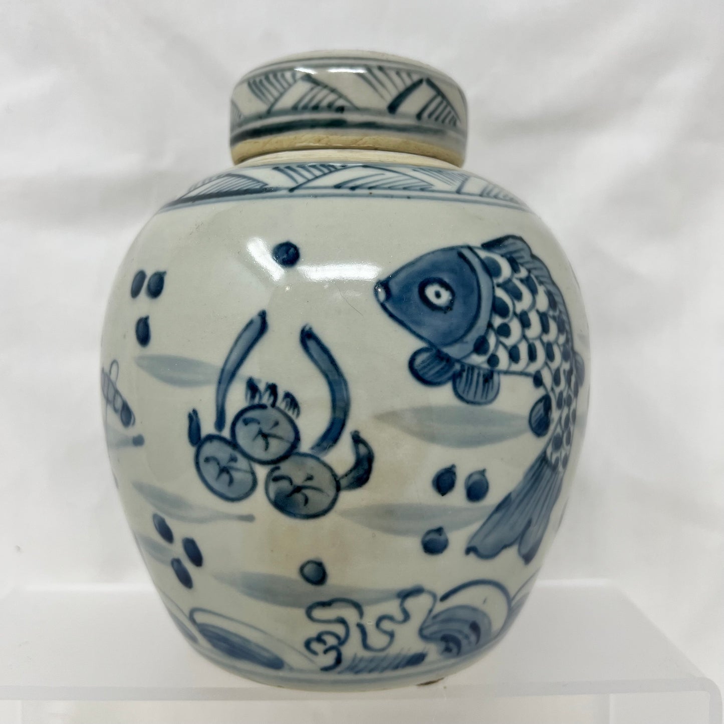 19TH C. Porcelain Paint Lotus Fish Ginger Jar