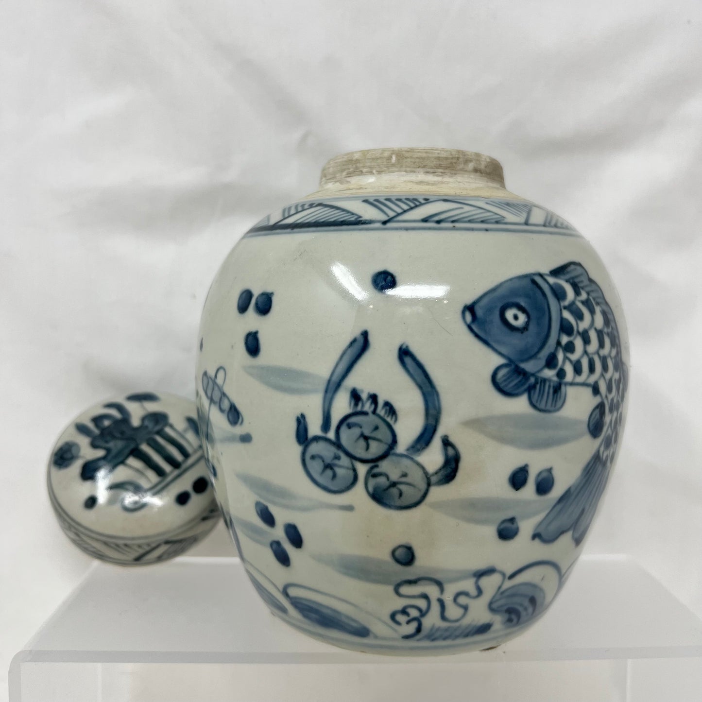 19TH C. Porcelain Paint Lotus Fish Ginger Jar