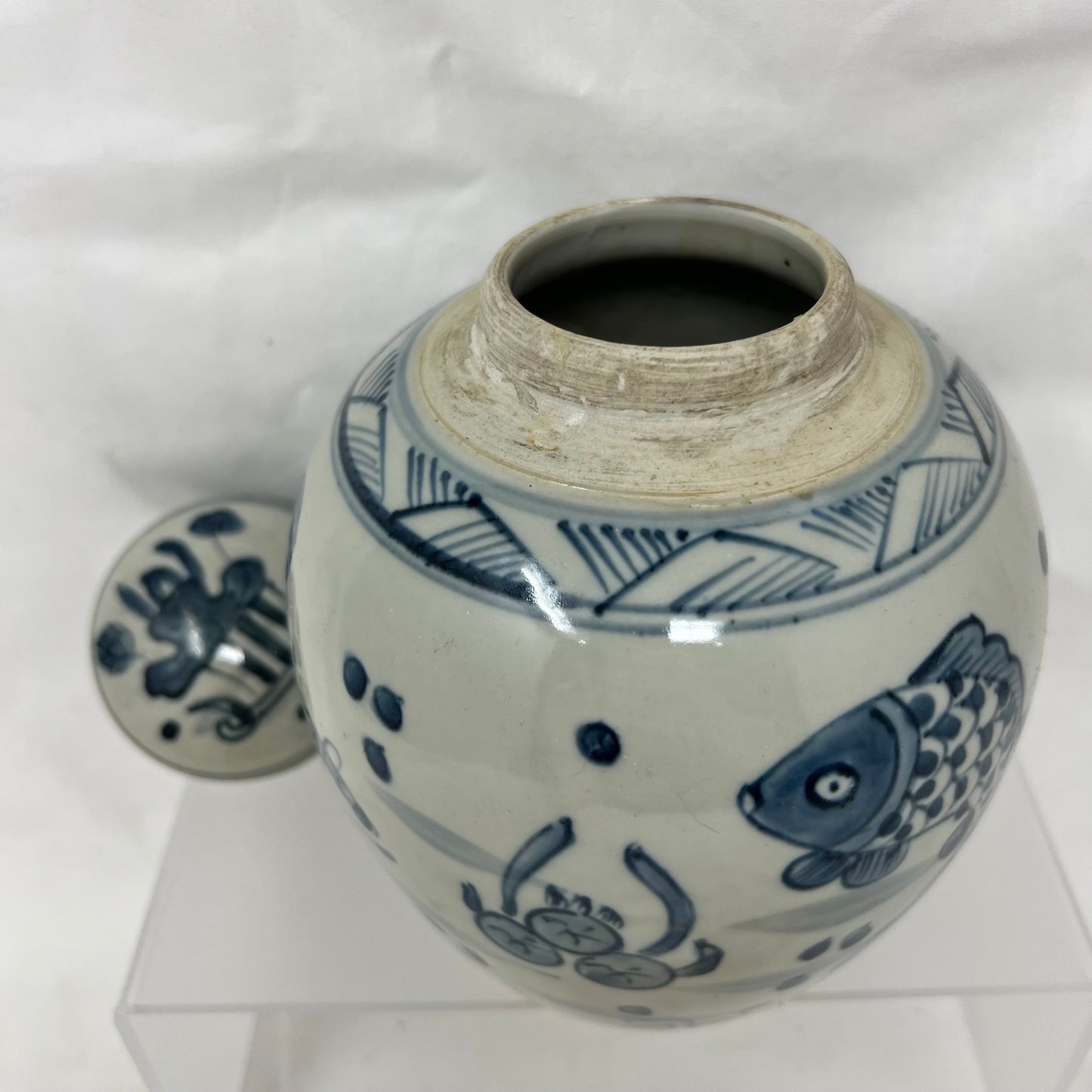 19TH C. Porcelain Paint Lotus Fish Ginger Jar