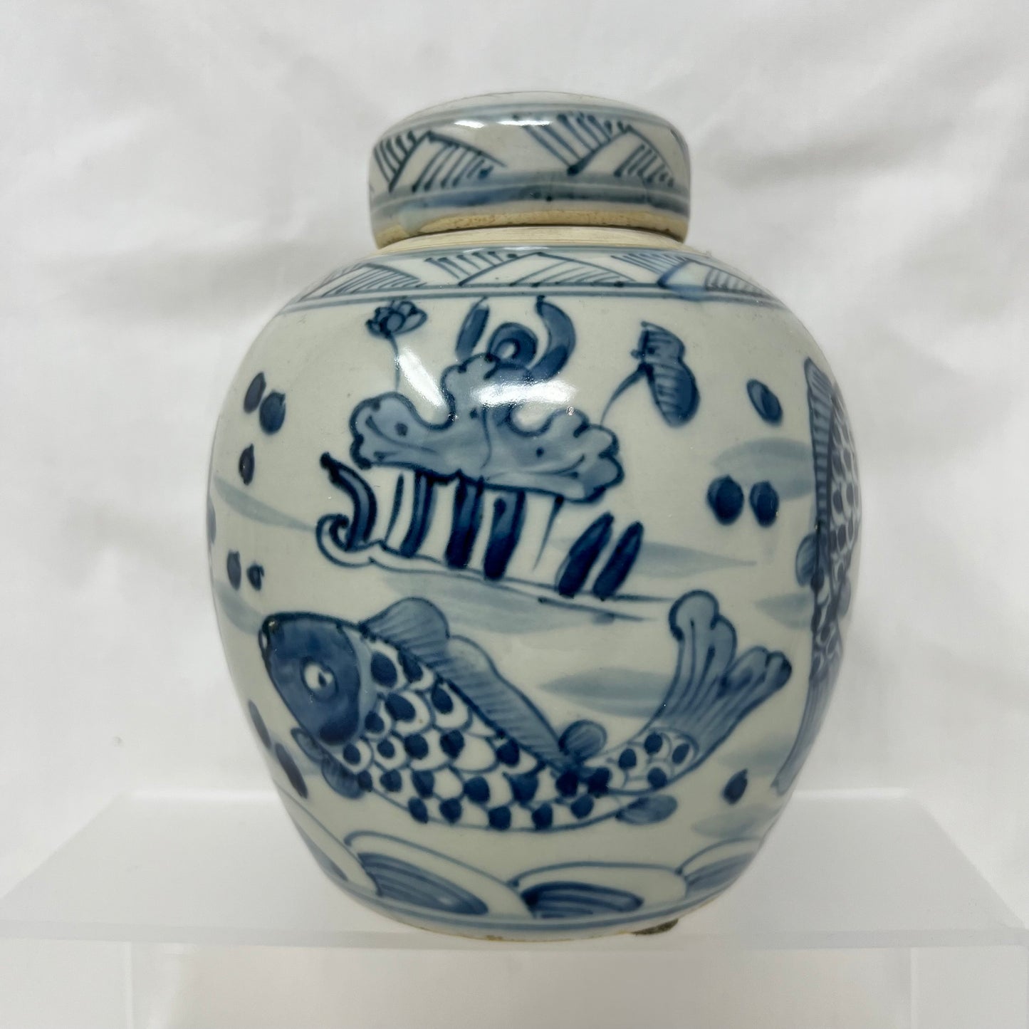 19TH C. Porcelain Paint Lotus Fish Ginger Jar