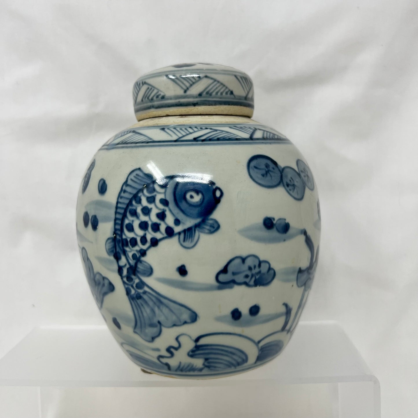 19TH C. Porcelain Paint Lotus Fish Ginger Jar