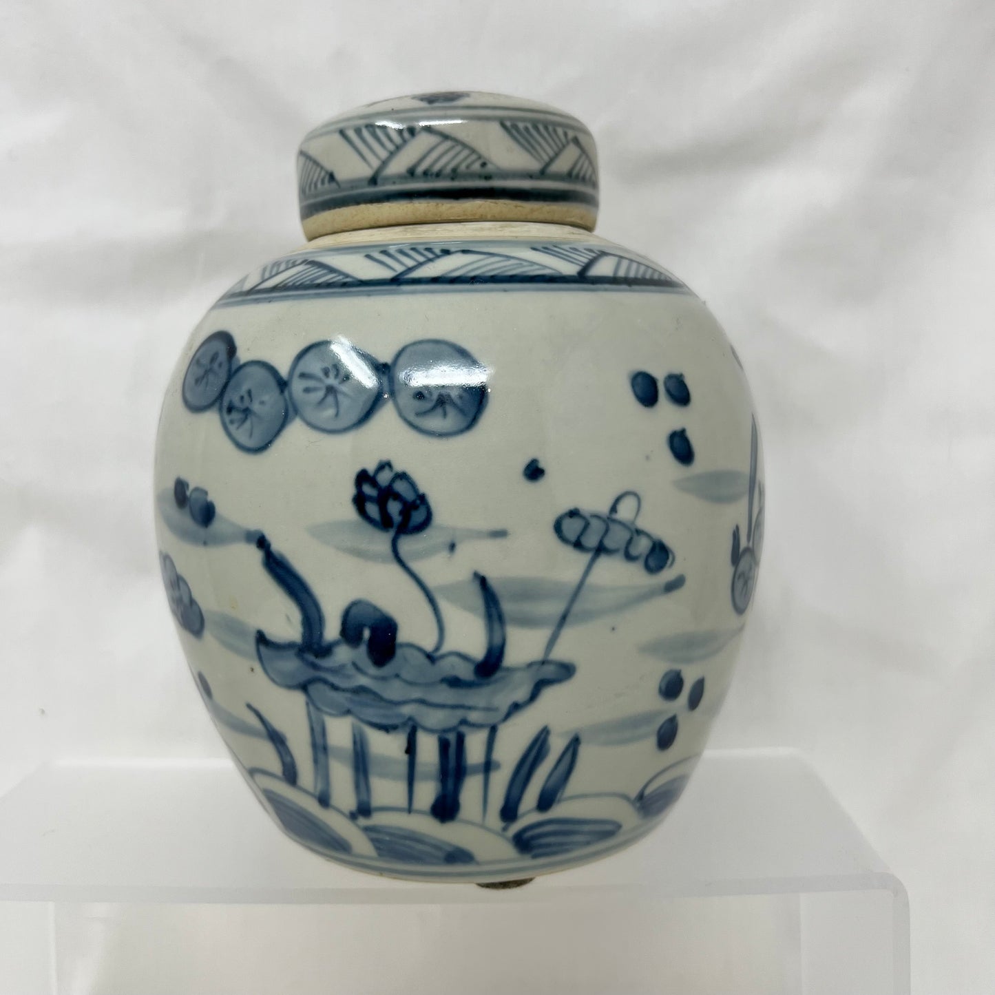 19TH C. Porcelain Paint Lotus Fish Ginger Jar