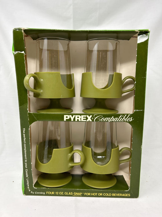  avocado green Pyrex Compatibles drinking glasses with handled base attachments