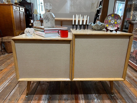 Mid-century modern blond wood and Formica two-door record cabinet 