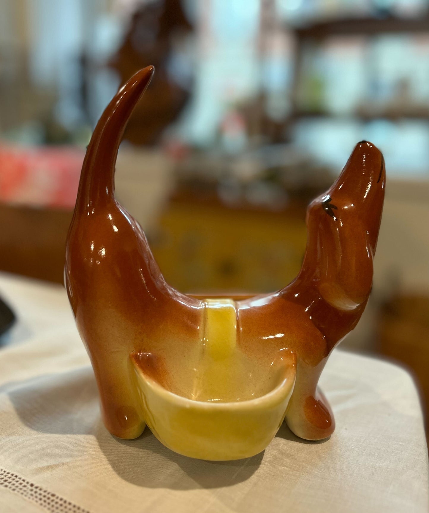 Vintage ceramic ring dish/planter depicting a Dachshund