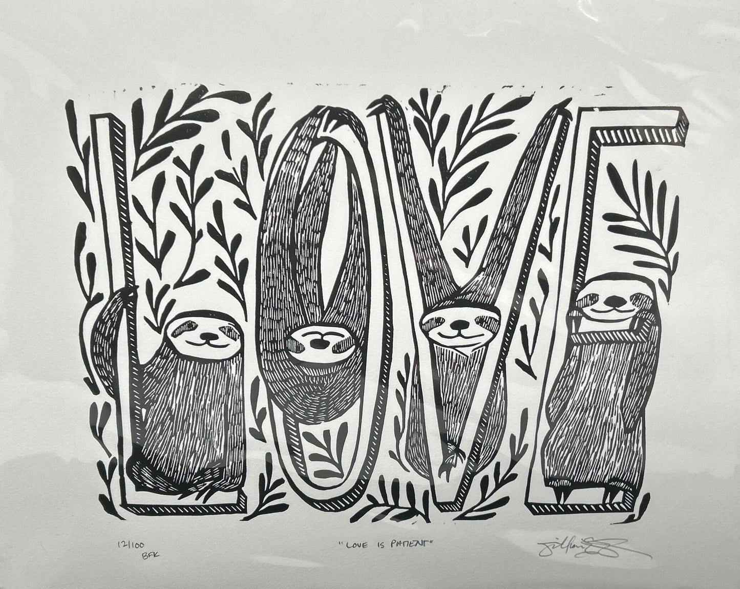 Love is Patient (word "LOVE" with sloths attached to each letter)