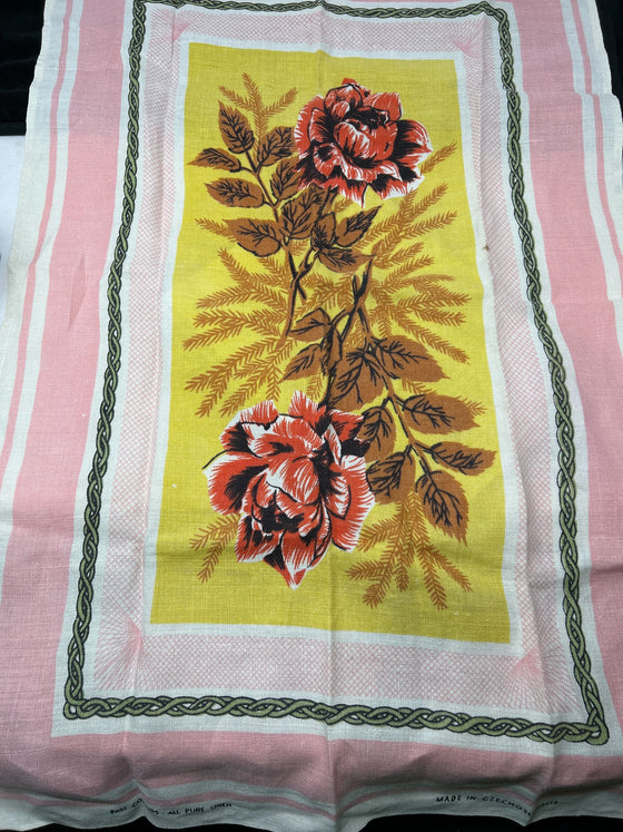 Vintage rose linen tea towel with pink and green edging