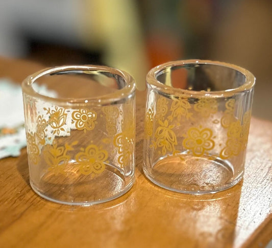 Mid-century modern style, transparent glass with yellow floral pattern