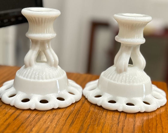 Pair of milk glass Doric column candle holders