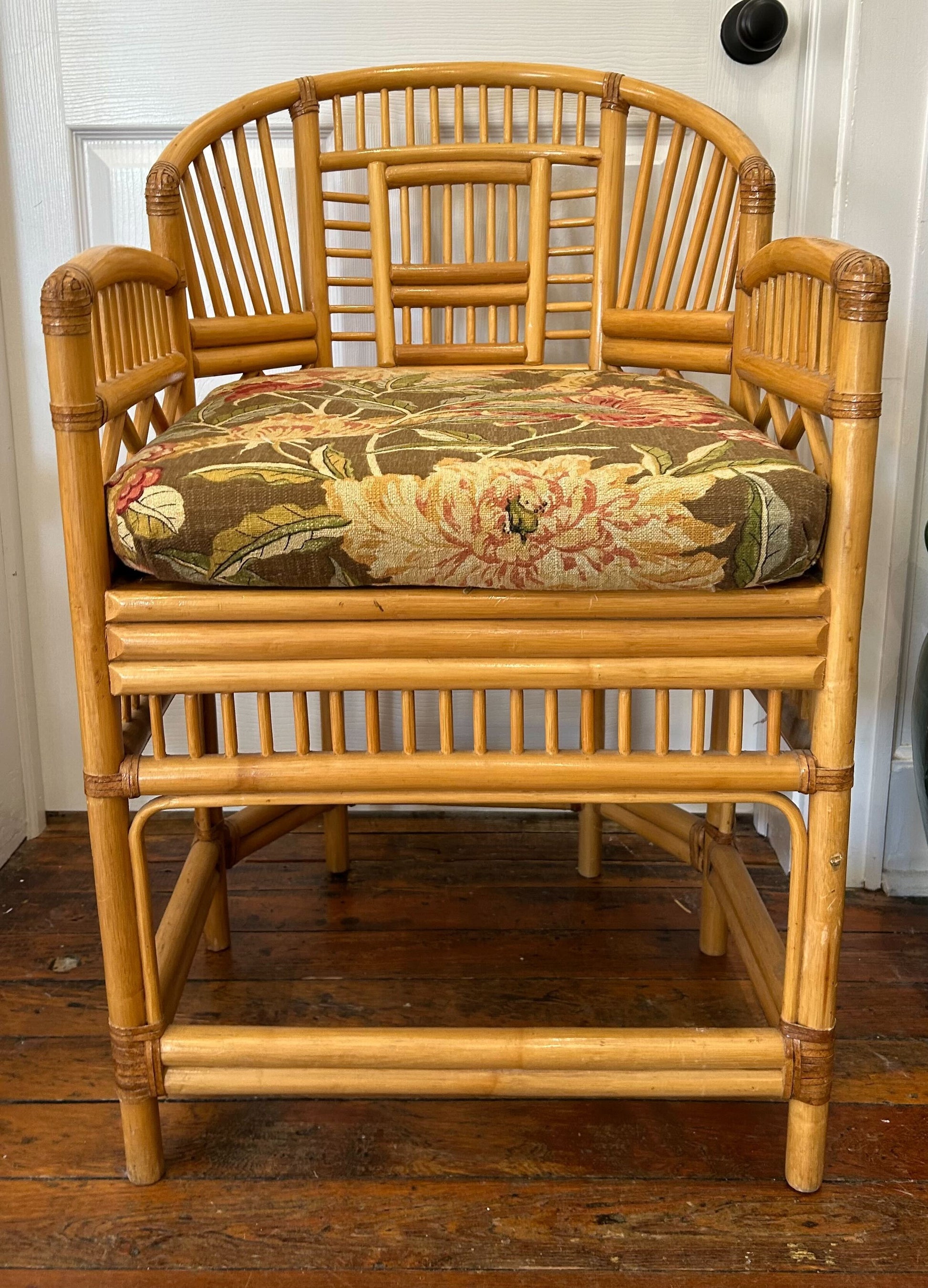 Brighton-style chair made of rattan, caned seat with bark cloth cushion