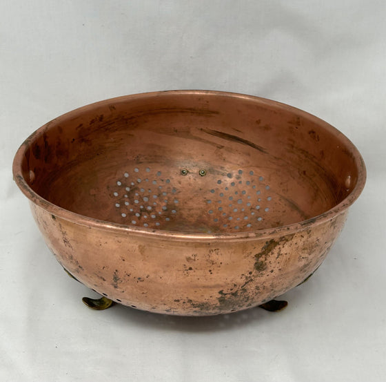 Vintage solid copper colander with brass feet and hooks