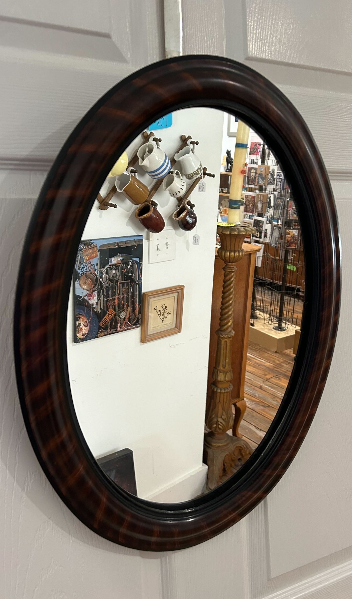 Oval mirror with wooden frame / 23-inch height