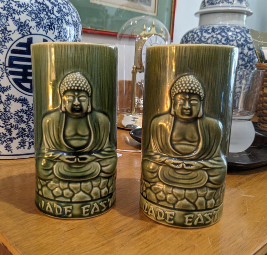 Pair of vintage Buddha green ceramic tiki mug