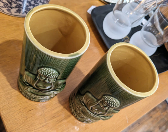 Pair of vintage Buddha green ceramic tiki mug