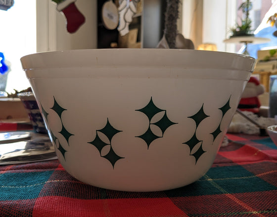 Federal Atomic milk glass mixing bowl with teal starbursts
