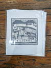 White papercut print on blue background depicting Baltimore cityscape