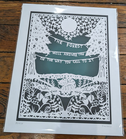 White papercut on gradient teal background featuring the Finnish proverb ” The forest will answer you in the way you call to it” 