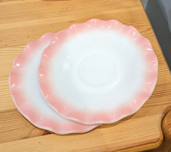 Hazel Atlas dishware, milk glass with crinoline pink rippled edge