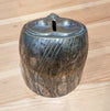 Modernist metal "owl" bank with 3D eyes and beak, and etched feathers
