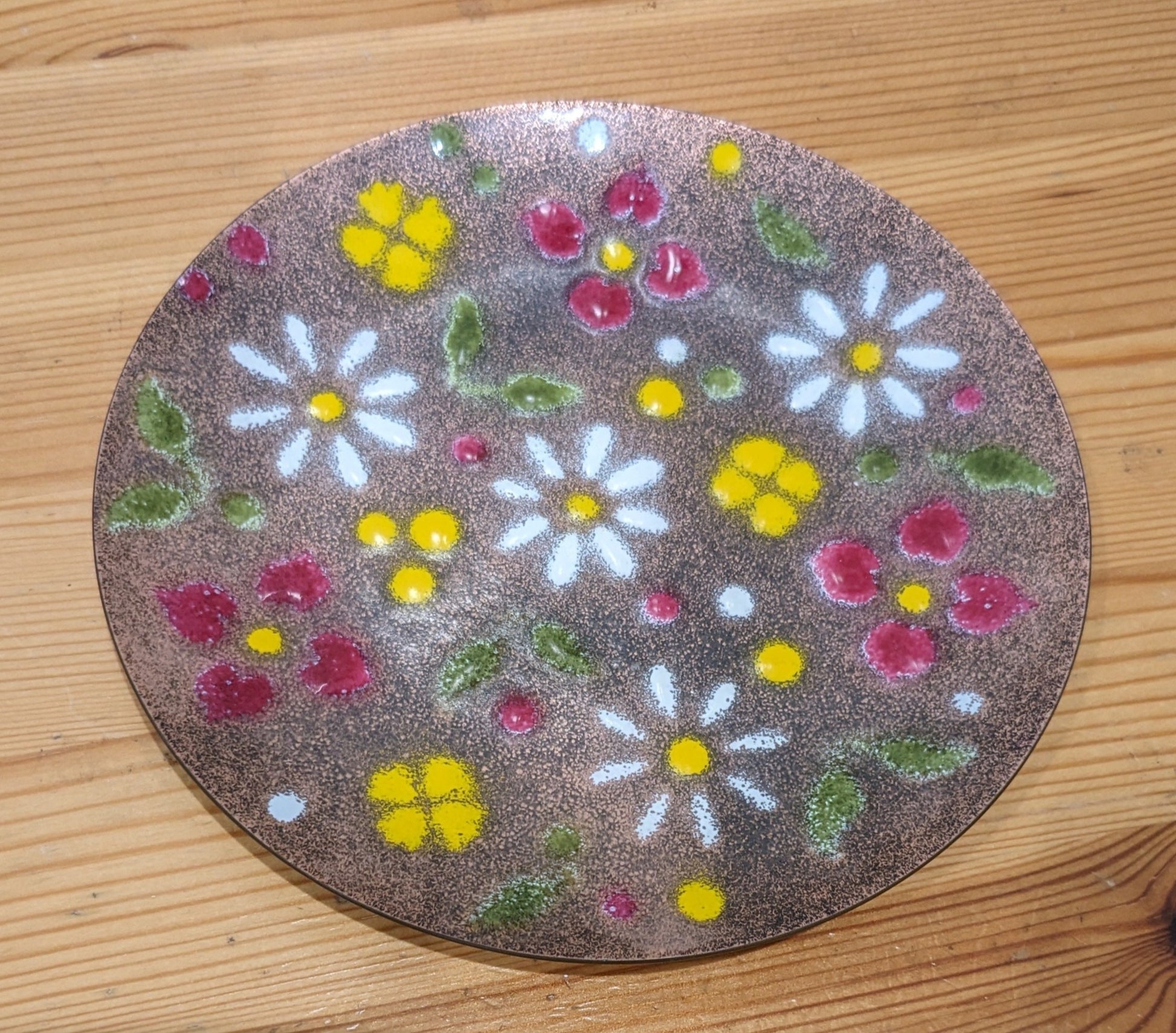 Vintage 6" enamel catch-all dish featuring copper-toned background with a floral pattern