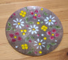 Vintage 6" enamel catch-all dish featuring copper-toned background with a floral pattern