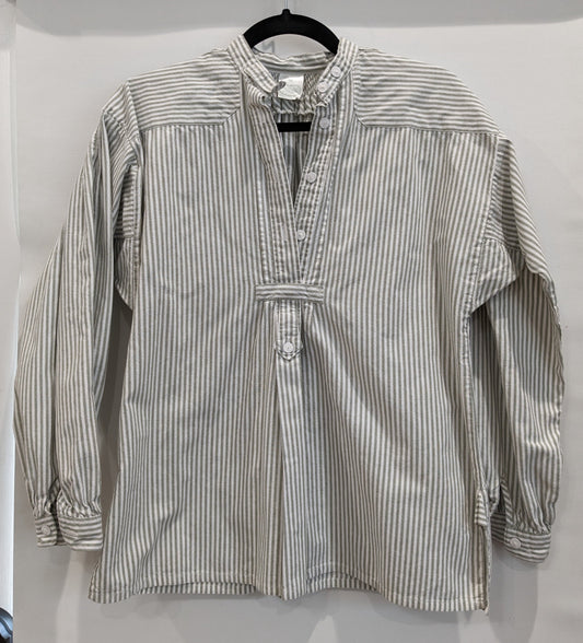 White and gray-green pinstriped blouse, half-placket buttoning, pleated at breastbone and nape of neck, long-sleeved