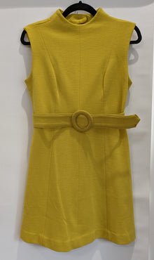  Mod-style shift dress, crew neckline, matching fabric belt, bright yellow