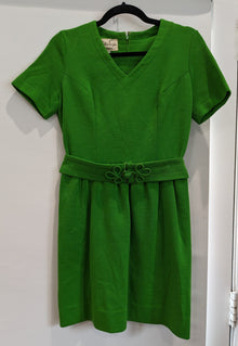  Mod-style fit and flare dress, V-neck, matching fabric belt, vibrant green