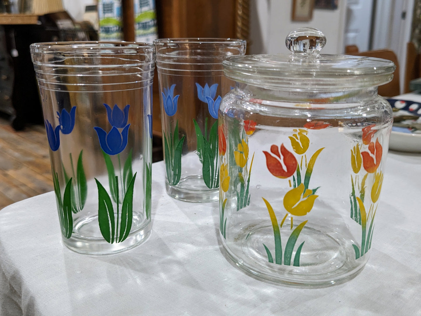 subset: two blue tulip glasses + jar