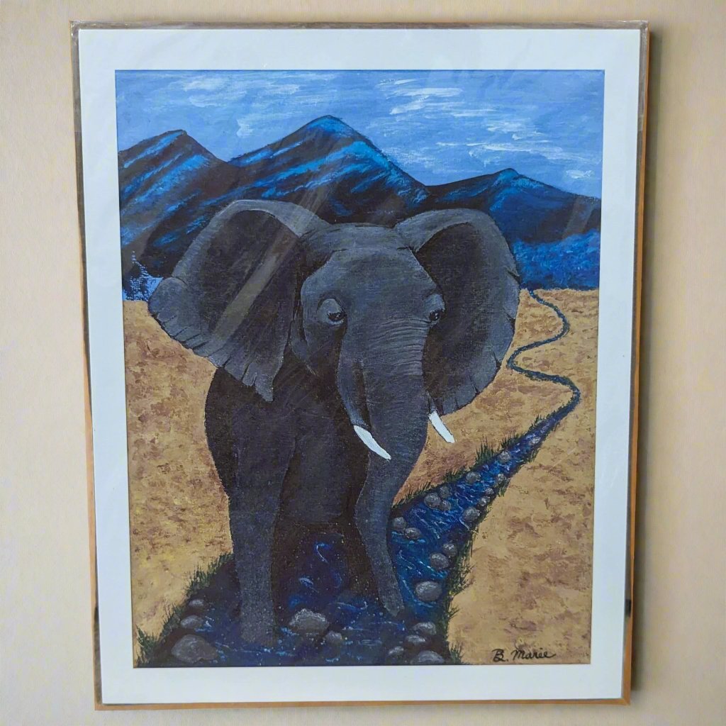 print of painting of an elephant standing in a rocky stream with blue mountains and plains in background