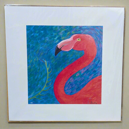 print of painted portrait of head and neck of pink flamingo on vibrant blue-green background.